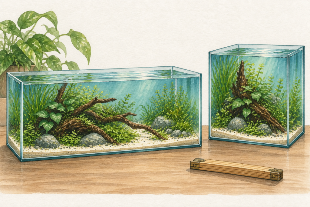 Zwei bepflanzte Aquarien mit unterschiedlicher Länge und Höhe, daneben ein zusammengeklappter Zollstock.