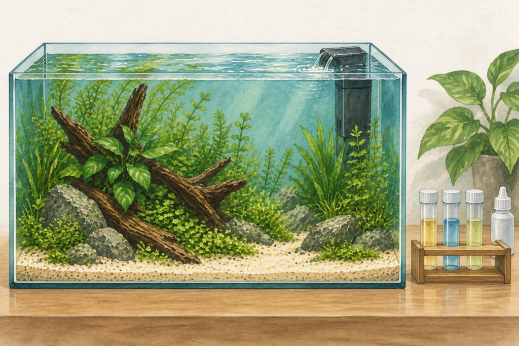 Bepflanztes Aquarium ohne Tiere mit laufendem Filter und drei Wasserproben in einem Reagenzglasständer.