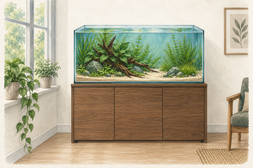 Bepflanztes Aquarium auf einem stabilen Holzunterschrank in einem ruhigen Raum mit seitlichem Fenster.
