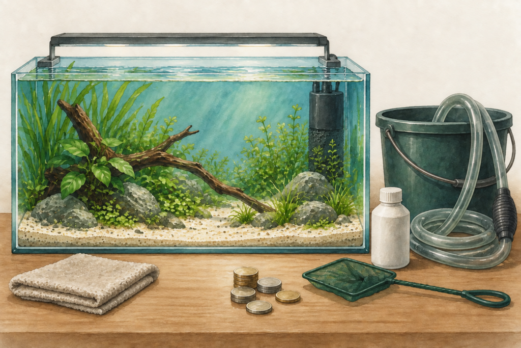 Aquarium mit Beleuchtung und Filter, daneben Eimer, Schlauch, Kescher und Münzen für die Kostenplanung.