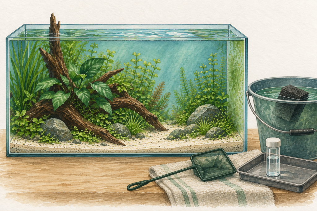 Bepflanztes Aquarium mit leichtem Algenbelag, daneben Eimer mit Filterschwamm, Wasserprobe und Kescher.